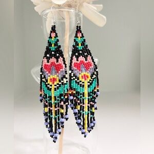 Black Lotus Flower Beaded Dangle Earrings